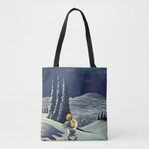Vintage Christmas, Snow Angel Walking with a Star Tote Bag