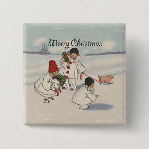 Vintage Christmas Snow Children Pig 15 Cm Square Badge