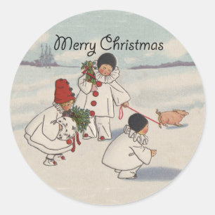 Vintage Christmas Snow Children Pig Classic Round Sticker