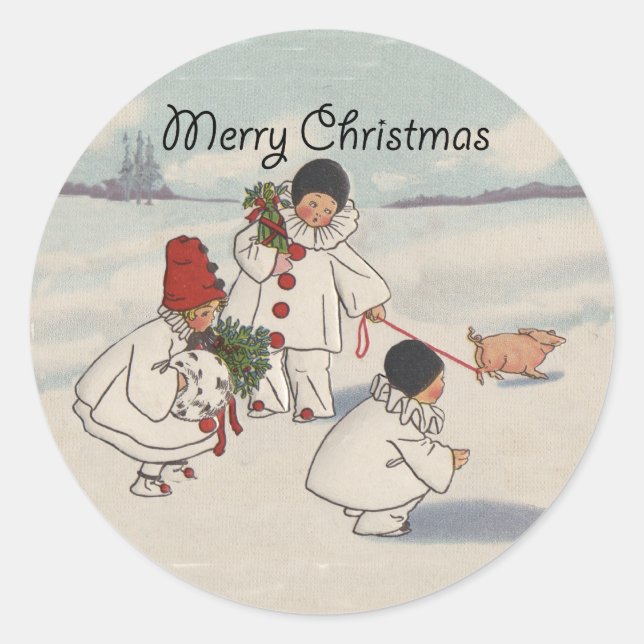 Vintage Christmas Snow Children Pig Classic Round Sticker (Front)