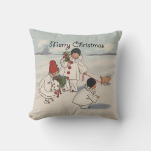 Vintage Christmas Snow Children Pig Cushion