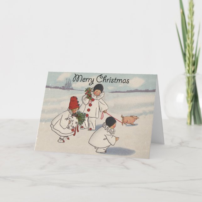 Vintage Christmas Snow Children Pig Holiday Card (Front)