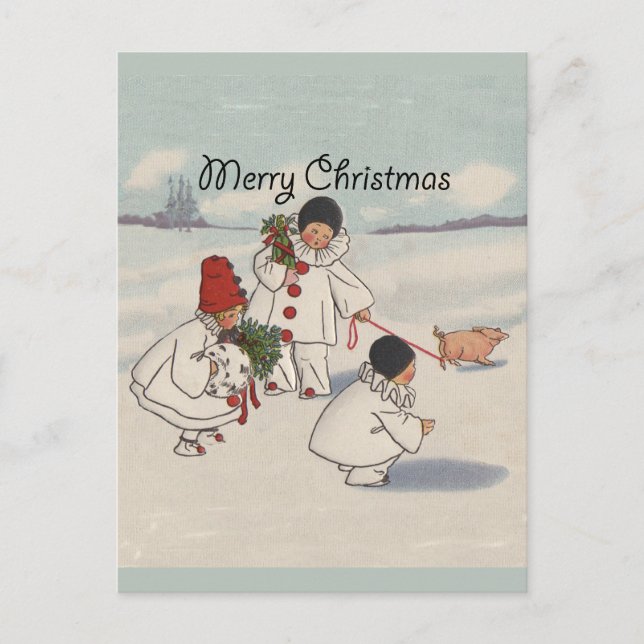 Vintage Christmas Snow Children Pig Holiday Postcard (Front)