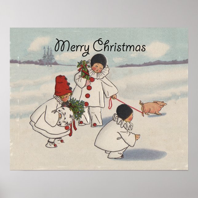 Vintage Christmas Snow Children Pig Poster (Front)