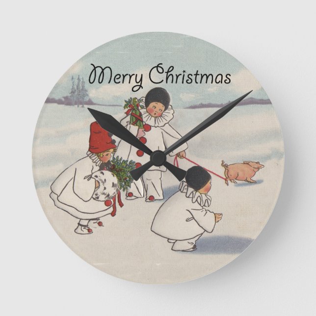 Vintage Christmas Snow Children Pig Round Clock (Front)