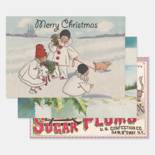 Vintage Christmas Snow Children Pig Wrapping Paper Sheet