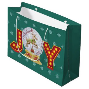 Vintage Christmas snow globe reindeer snowflakes Large Gift Bag
