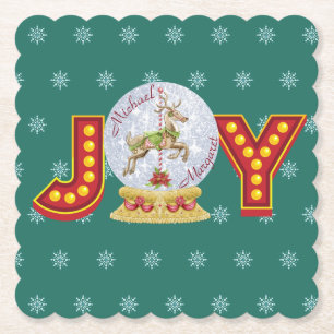 Vintage Christmas snow globe reindeer snowflakes Paper Coaster