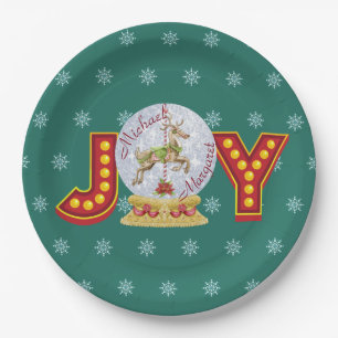 Vintage Christmas snow globe reindeer snowflakes Paper Plate
