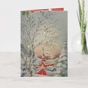 Vintage Christmas Snow Silver Glitter Red Church  Holiday Card