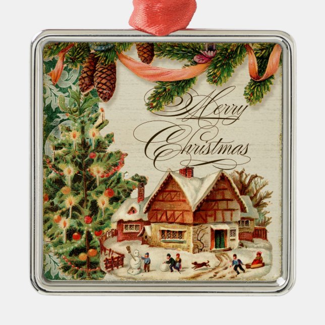 Vintage Christmas Snow Skating Custom Ornament (Front)