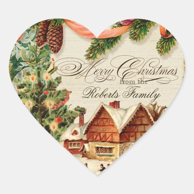 Vintage Christmas Snow Skating Personalised Card Heart Sticker (Front)