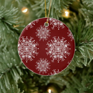 Vintage Christmas Snowflakes Red Blizzard Pattern Ceramic Tree Decoration