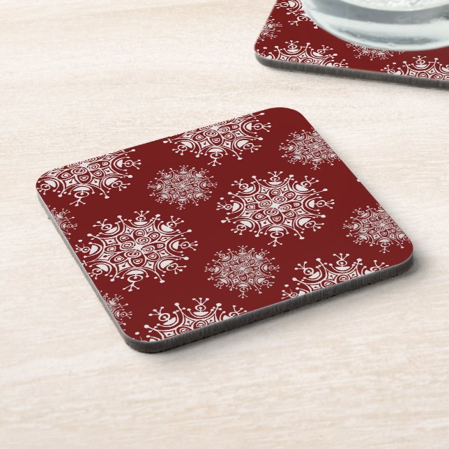 Vintage Christmas Snowflakes Red Blizzard Pattern Coaster (Left Side)
