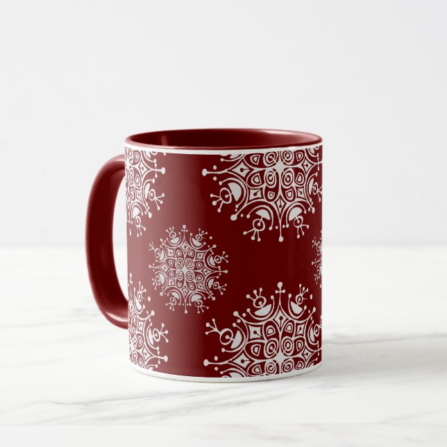 Vintage Christmas Snowflakes Red Blizzard Pattern Mug (Front Left)