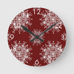 Vintage Christmas Snowflakes Red Blizzard Pattern Round Clock