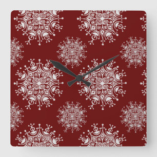 Vintage Christmas Snowflakes Red Blizzard Pattern Square Wall Clock