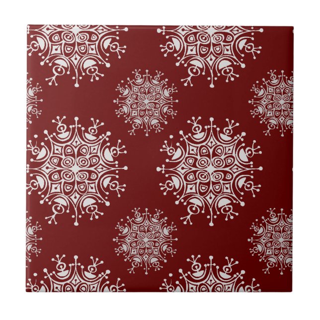 Vintage Christmas Snowflakes Red Blizzard Pattern Tile (Front)