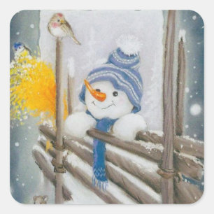 Vintage Christmas Snowman and Bird Square Sticker