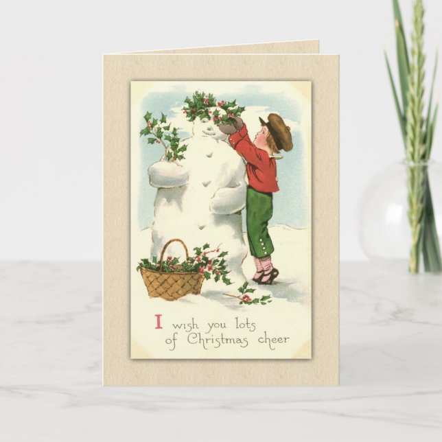 Vintage Christmas  Snowman and Boy Holiday Card (Front)