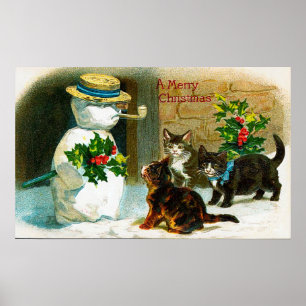 Vintage Christmas snowman and cats decor poster