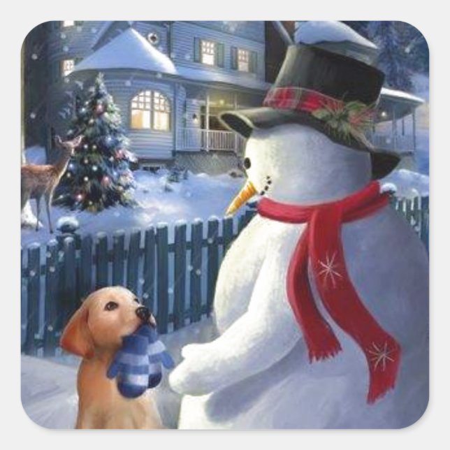 Vintage Christmas Snowman And Dog Square Sticker (Front)