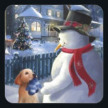 Vintage Christmas Snowman And Dog Square Sticker<br><div class="desc">Christmas Snowman with dog.</div>