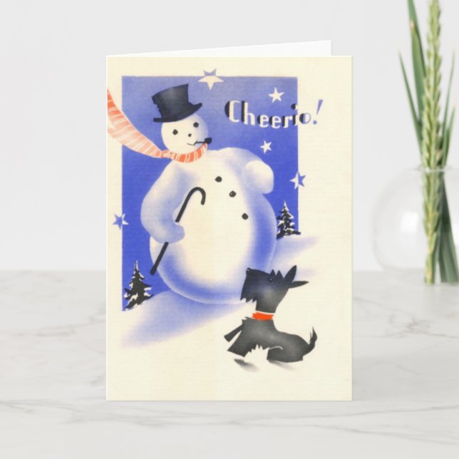 Vintage Christmas Snowman And Scottie Dog Holiday Card (Front)