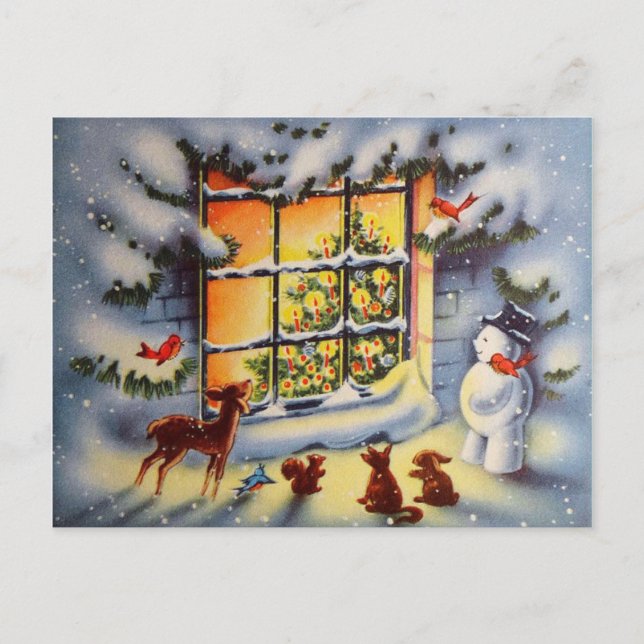 Vintage Christmas snowman animals Holiday postcard (Front)