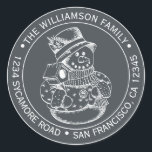 Vintage Christmas SnowMan Black Return Address Classic Round Sticker<br><div class="desc">Christmas family round return address sticker with your name and address in stylish typography with a pretty hand drawn vintage Christmas snowman on an off-black background. Simply add your name and address. Exclusively designed for you by Happy Dolphin Studio. If you need any help or matching products please contact us...</div>