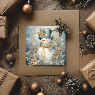 Vintage Christmas Snowman Blue and Gold Holiday Card