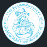 Vintage Christmas SnowMan Blue Ink Return Address  Classic Round Sticker<br><div class="desc">Christmas family round return address sticker with your name and address in blue ink stylish typography with a pretty hand drawn vintage Christmas snowman on a white background. Simply add your name and address. Exclusively designed for you by Happy Dolphin Studio. If you need any help or matching products please...</div>