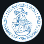 Vintage Christmas SnowMan Blue Ink Return Address Classic Round Sticker<br><div class="desc">Christmas family round return address sticker with your name and address in blue ink stylish typography with a pretty hand drawn vintage Christmas snowman on a white background. Simply add your name and address. Exclusively designed for you by Happy Dolphin Studio. If you need any help or matching products please...</div>