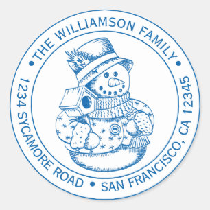 Vintage Christmas SnowMan Blue Ink Return Address Classic Round Sticker