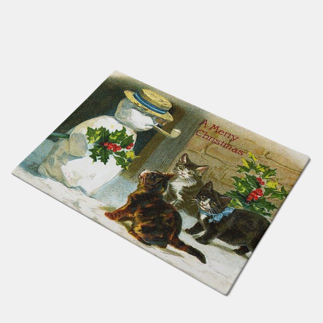 Vintage Christmas snowman cats doormat (Angled)