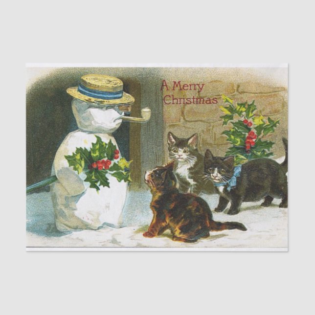Vintage Christmas snowman cats party tissue Tissue Paper (Front)