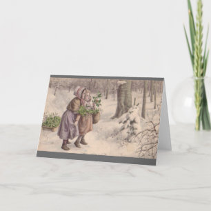 Vintage Christmas snowman children Holiday Card