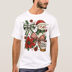 Vintage Christmas Snowman Coquette Bow Poinsettia T-Shirt