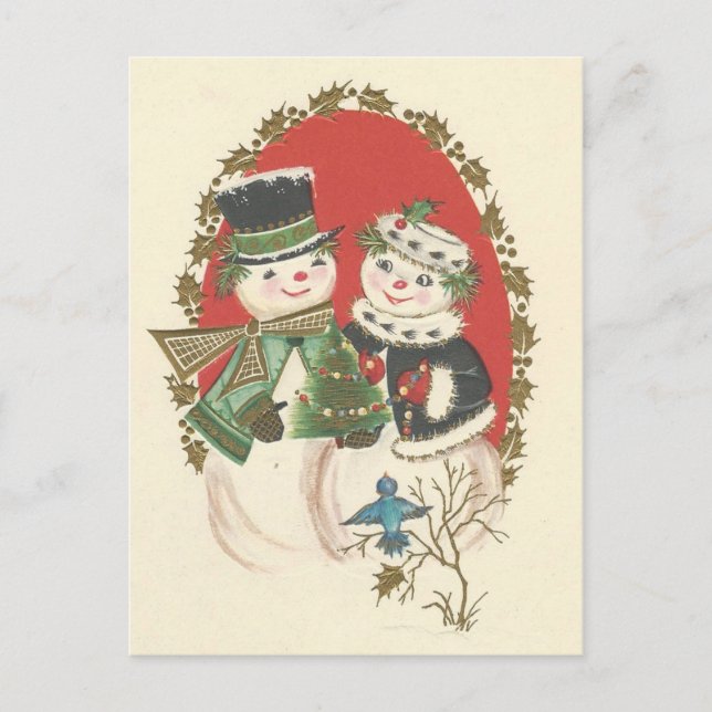 Vintage Christmas Snowman Couple Holiday Postcard (Front)