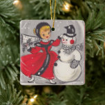 Vintage Christmas Snowman Dancing With Girl Ceramic Ornament<br><div class="desc">Cute Retro Vintage Christmas Snowman Dancing With Girl Holiday Ceramic Ornament.</div>