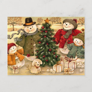 Vintage Christmas, snowman family Holiday Postcard