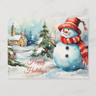 Vintage Christmas Snowman Illustration Holiday Postcard