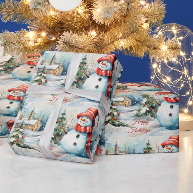 Vintage Christmas Snowman Illustration  Wrapping Paper (Holidays)