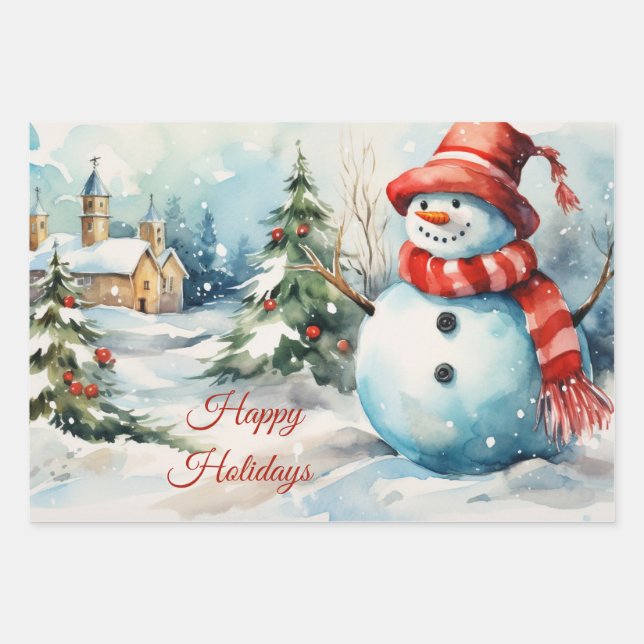 Vintage Christmas Snowman Illustration  Wrapping Paper Sheet (Front)
