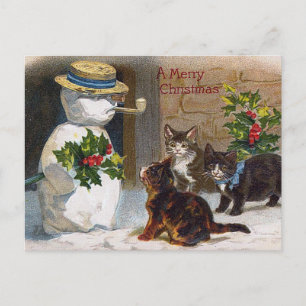 Vintage Christmas Snowman & Kittens Card