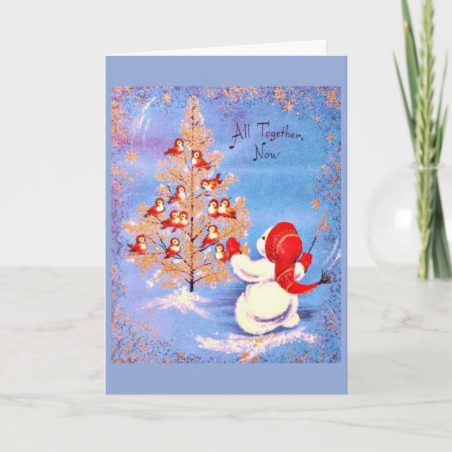 Vintage Christmas - Snowman Leading a Choir, Holiday Card (Front)