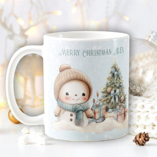 Vintage Christmas Snowman Name Text Blue Snowy Mug