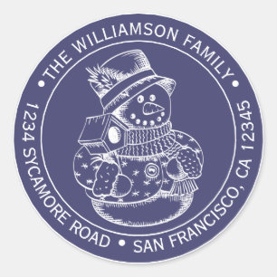 Vintage Christmas SnowMan Navy Blue Return Address Classic Round Sticker