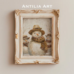 Vintage Christmas Snowman Painting Rustic Xmas Poster