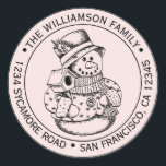 Vintage Christmas SnowMan Pink Return Address Classic Round Sticker<br><div class="desc">Christmas family round return address sticker with your name and address in stylish typography with a pretty hand drawn vintage Christmas snowman on a pastel pink background. Simply add your name and address. Exclusively designed for you by Happy Dolphin Studio. If you need any help or matching products please contact...</div>